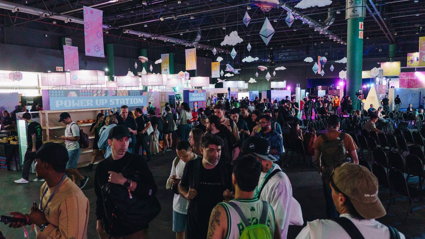 Exhibition floor at Devconnect Buenos Aires 2025, crowded with attendees